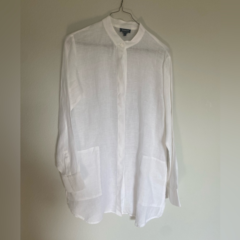 Worth white button down blouse size Small 100% linen Mock Neck Long Sleeves